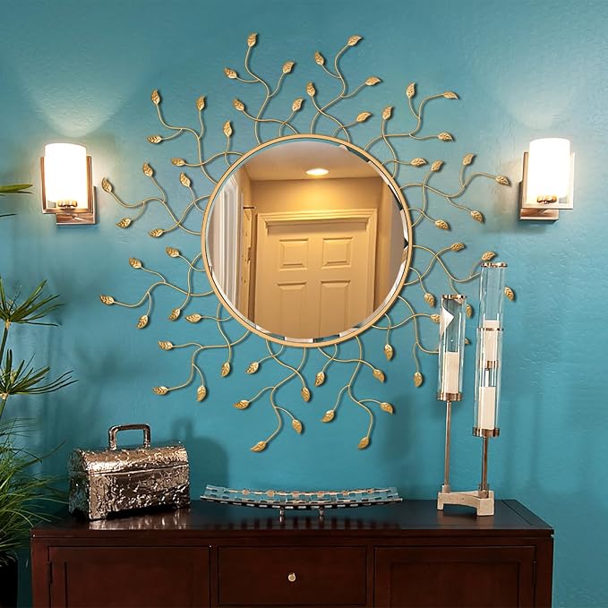Chende 47" x 47" Large Round Decorative Mirror, Living Room Wall Mirror with Metal Leaves, Gold Mirror Wall Decor with Frame for Hallway, Dining Room, Bedroom