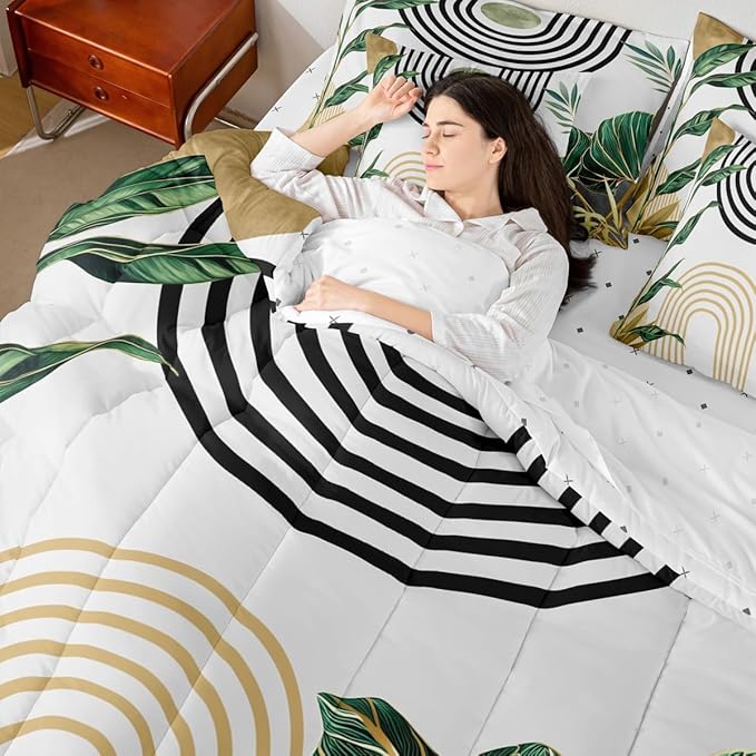 Erosebridal Boho Mid Century Bed in A Bag 7 Pcs Vintage Minimalist Art Comforter Set for Women Men Abstract Tropical Aesthetic Bedding Sets King Retro Botanical Leaves Sun Sheet Set with Comforter