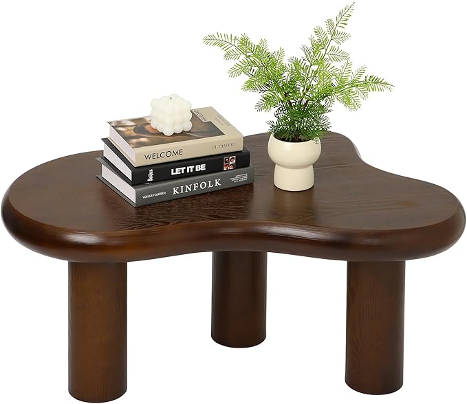 34"(L) Cloud Coffee Table, Modern Wood Coffee Table for Living Room, Accent Center Tables with 3 Legs, Small Tea Tables for Balcony, Patio, Bedroom, Walnut