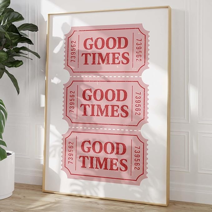 Good Times Ticket Print Red Retro Poster Pink Trendy Paintings Bar Cart Prints Pink White Pictures Ticket Wall Art Modern Aesthetic Posters Preppy Aesthetic Pictures for Living Room 16x24in Frameless