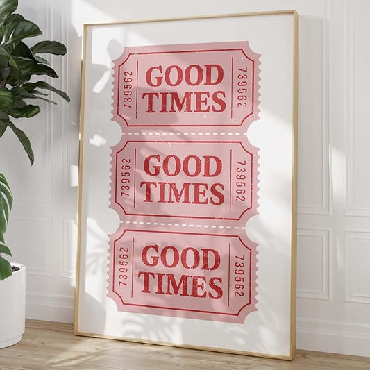 Good Times Ticket Print Red Retro Poster Pink Trendy Paintings Bar Cart Prints Pink White Pictures Ticket Wall Art Modern Aesthetic Posters Preppy Aesthetic Pictures for Living Room 16x24in Frameless