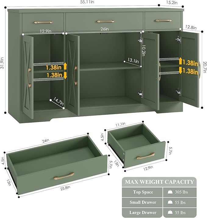 HOSTACK Buffet Sideboard Cabinet with Drawers, 55" Large Buffet Storage Cabinet with Shelves and Doors, Modern Farmhouse Coffee Bar Station for Kitchen, Dining Room, Green