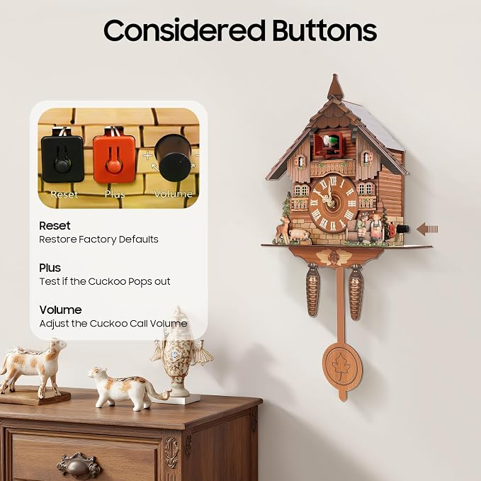 Cuckoo Clock, Retro Wooden Cuckoo Birdhouse Antique Wall Clock Forest Clock Home Decor Auto Swing with Singing Bird Vintage Chalet Design(No Battery) (Type B)