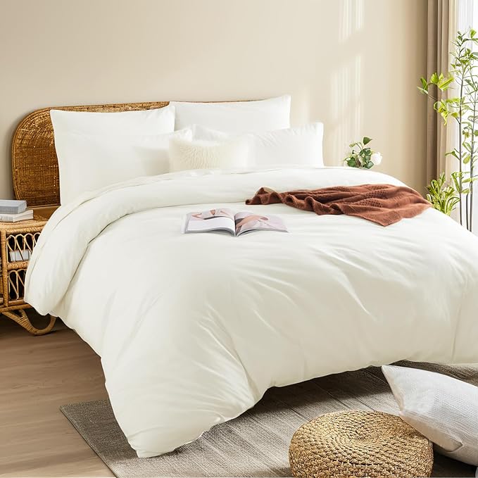 NEXHOME PRO Queen Duvet Cover Set, 100% Washed Cotton with Linen-Like Texture, Natural Organic, Breathable & Comfortable, Includes Home Bedding Set Milk White (No Comforter) 9090