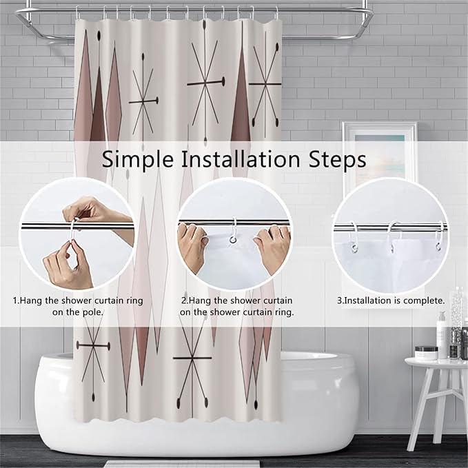 Mid Century Shower Curtain Abstract Light Brown Diamond Geometric Atomic Starburst Pattern Beige Backdrop for 1950s Retro Bathroom Decor Shower Curtain Set with 12 Hooks, 72x72 Inches