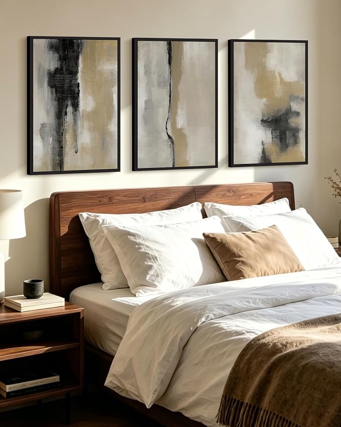 KUVIOKE Black Gray Abstract Framed Wall Art Neutral Wall Decor Minimalist Modern Illustrations Art Print for Living Room Bedroom 16x24in (Black Framed)