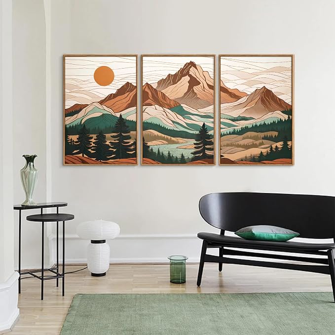 Tinonedraw Large Mountain Framed Canvas Wall Art Set of 3, Boho Nature Forest Wall Decor, Neutral Wooden Pine Trees Artwork, Sunrise Ridge Landscape Art Printing for Living Room Bedroom Office 24"x36"