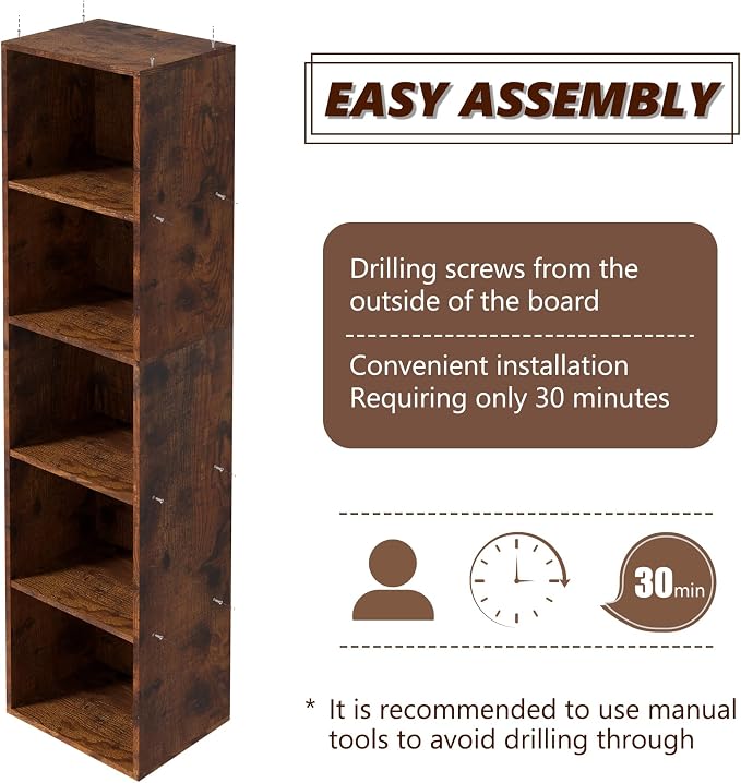 5-Tier Wooden Cube Storage Organizer, 52 Inch Tall Bookcase & Display Shelf with 5 Open Cubes, Freestanding DIY Closet Shelving Unit for Living Room Office(Retro Brown, 5 Cube-W(11.8inch)