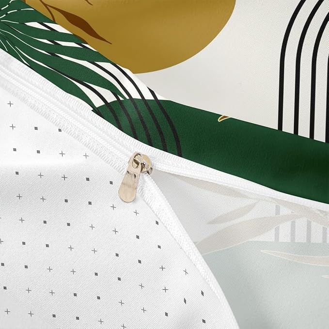 Abstract Geometric Boho Comforter Cover Full for Kids Boys Girls,Botanical Plant Leaves Duvet Cover,Minimalist Aesthetic Bedding Set,Retro Mid Century Bed Set 3 Pcs Bedroom Decor