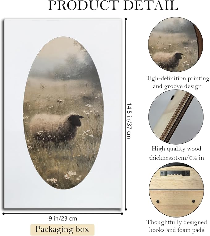UYIKG Vintage Sheep Oval Wall Art,Rustic Farmhouse Cottagecore Lamb Oval Wall Decor,Farmhouse Country Black Sheep Wooden Framed Decor for Home Bedroom Living Room Reading Room 9x14.6 in