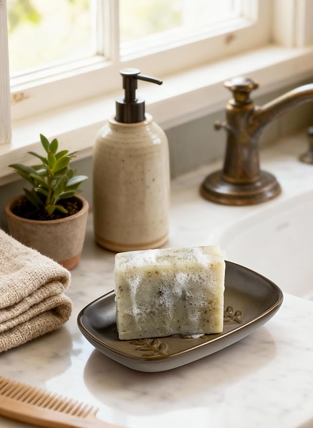 Soap Dish Soap Holder Shower, Ceramic Soap Dishes for Bar Soap Sponge, Farmhouse Shower Soap Dish, Large Soap Saver Tray for Bathroom Kitchen Sink, Easy Cleaning, Extend Soap Life, Brown