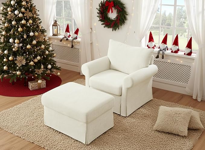 35.8" Chenille Accent Chair with Ottoman Set, Comfy Upholstered Armchair with Rolled Arms, Modern Single Reading Chair for Living Room, Bedroom, Apartment, White