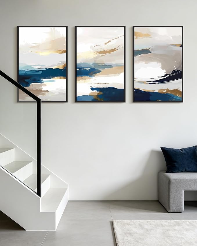 KUVIOKE Abstract Blue Framed Wall Art Graffiti Shape Pastel Wall Decor Modern Art Painting for Bedroom Hallway 16x24in (Black Framed)
