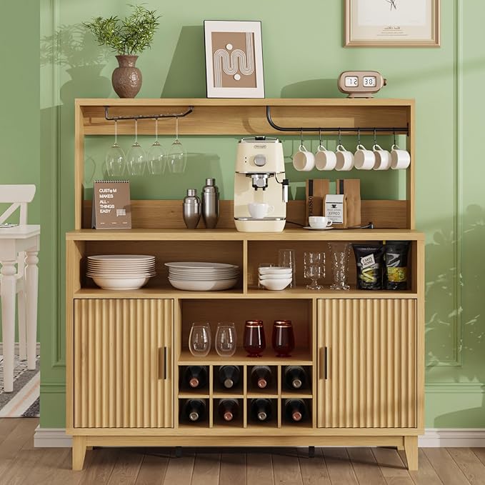 Fluted Buffet Cabinet with Storage, Modern Coffee Bar Cabinet with Outlet, Removable Wine Rack, Multi-Functional Accent Liquor Cabinet for Living Room, Entryway, Kitchen, Natural