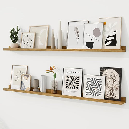 RICHFOCUS Picture Ledge Shelf, 55 inch Floating Shelves Set of 2, Wood Wall Shelves with Lip, Wall Decor Storage for Bedroom Living Room Bathroom Kitchen Nursery Photo Picture, Oak