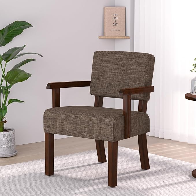 Accent Chair,Armchairs with Solid Wood Frame and Legs,Upholstered Reading Leisure Chair for Bedroom,Office,Waiting Room (Linen, Brown, One Chair)