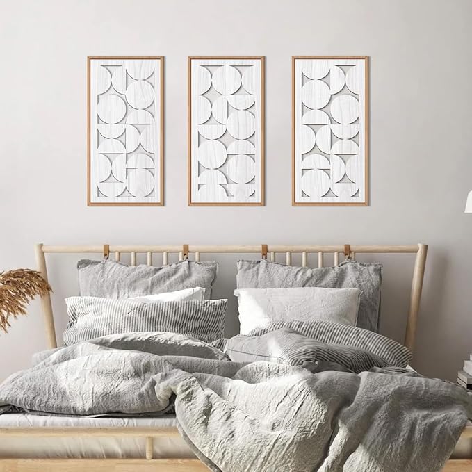 IARTTOP White Abstract Wood Wall Art Framed 8x16 Inch Set of 3 Modern Minimalist Wooden Wall Decor Mid-century Modern Geometry Artwork for Living room Bedroom Office