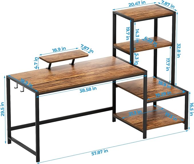GreenForest Computer Desk 58 inch with Printer Shelf, Reversible Office Desk with Monitor Stand and 2 Hooks, Home Workstation for Study Writing Working Gaming, Brown