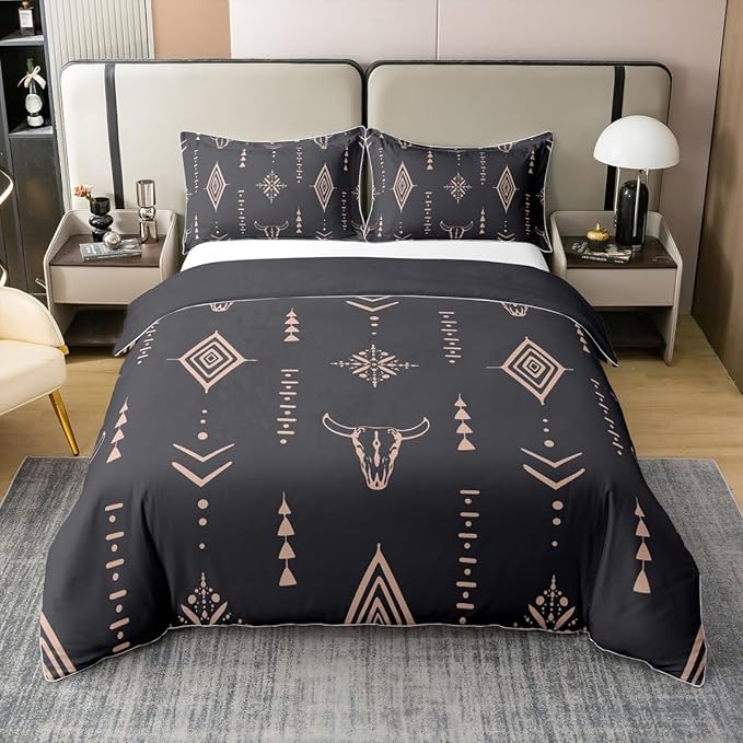 100% Organic Cotton Bull Skull Duvet Cover Full Boho Bedding Set Ethnic Horns Bohemian Comforter Cover Brown Tribal Symbol Mysterious Aztec Bedroom Decor Abstract Geometric Quilt Cover For Men Boys