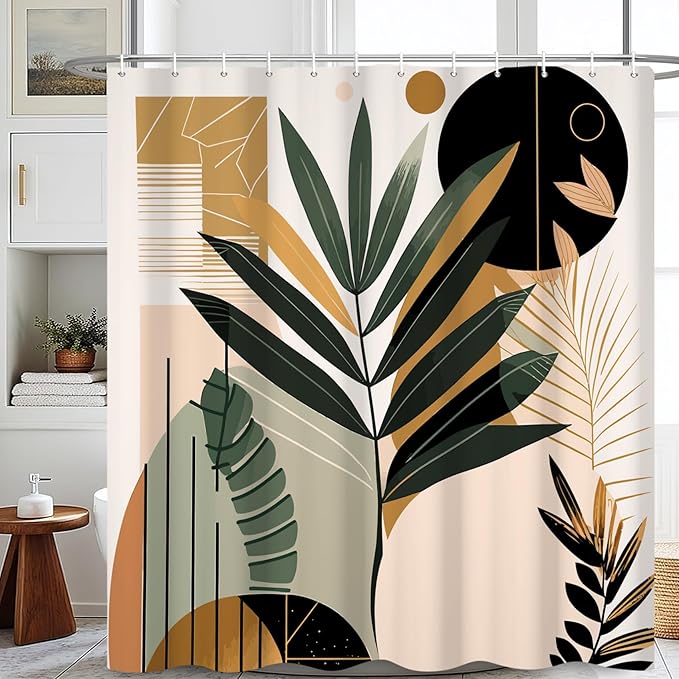 Boho Shower Curtain Mid Century Style Plant Leaves Bathroom Curtain Modern Abstract Graphic Waterproof Fabric Decor Shower Curtain with Hooks 72x84 Inch