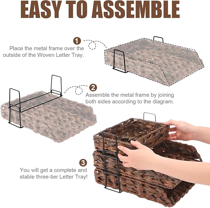 Geelin 3 Pack Water Hyacinth Woven Stackable Desk Organizer Letter Tray, Brown Tabletop Desk Basket for Storage Paper Letter Folders Notebooks Copy Print, Workspace Holder