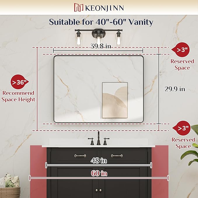 Keonjinn Black Framed Mirror for Bathroom 40 x 30 Inch Rounded Rectangle Wall Mirror, Matte Black Vanity Mirror for Over Sink, Tempered Glass Farmhouse Mirrors Seamless Metal Frame