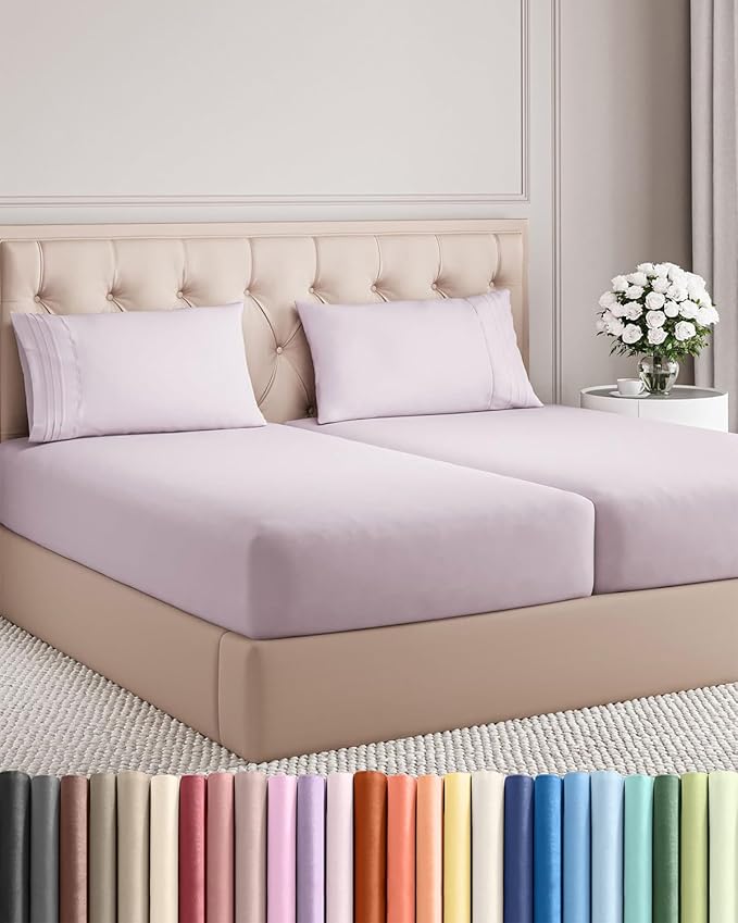 Split King Size 5 Piece Sheet Set - Comfy Breathable & Cooling Sheets - Hotel Luxury Bed Sheets for Women & Men - Deep Pockets, Easy-Fit, Soft & Wrinkle Free Sheets - Light Lavender Oeko-Tex Sheets