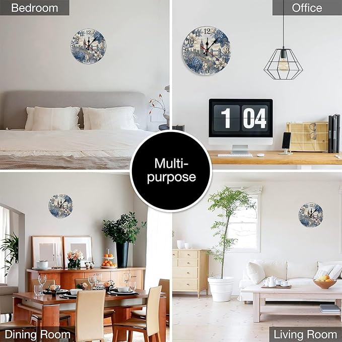 London Cityscape Floral Wooden Wall Clock Silent Non Ticking | European Decor for Living Room, Bedroom, Kitchen, Office, Gift