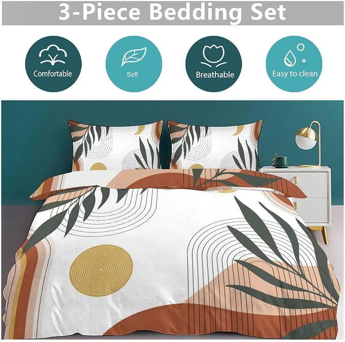 Boho Leaf Bedding Set,Mid Century Palm Tropical Leaf Abstract Geometric Modern Minimalism Comforter Set with Pillowcase for Bedroom Bed Decor,Full 79"x90"