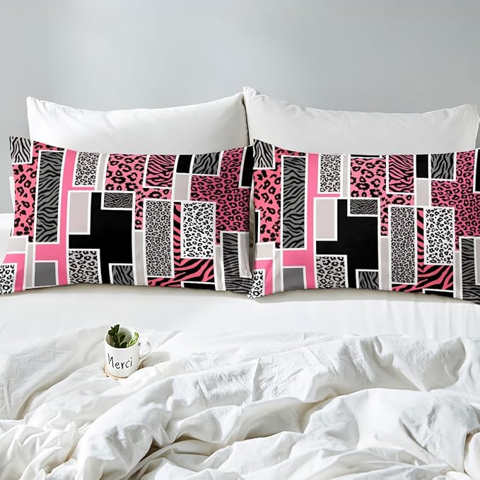 Erosebridal Leopard Print Toddler Duvet Cover Cheetah Zebra Skin Print Bedding Set Pink Black Animals Fur Rustic Comforter Cover for Kids Teen Adults,Geometric Square Patchwork Bed Set