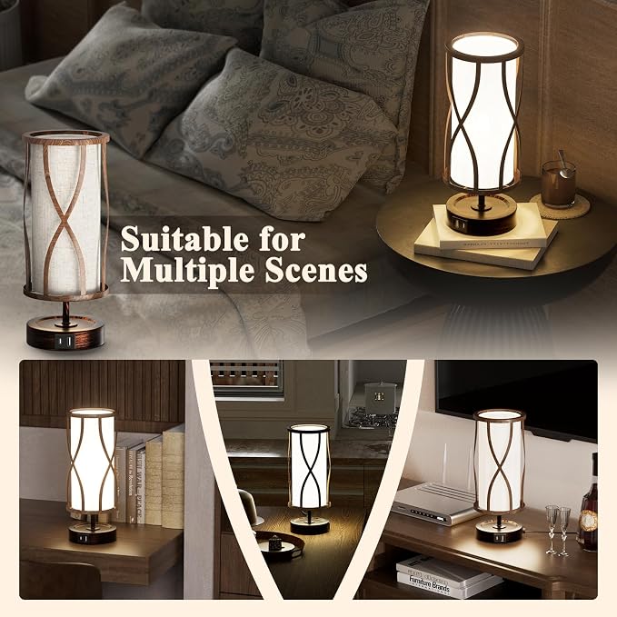 N10-2 Farmhouse Table Lamp Dimmable Touch Control Plug in Lamps Linen Rustic Desk Lamp IImitation Wood Metal Base Vintage Nightstand Table Lamp with USB Port for Bedroom Bedside (Bulb Included)