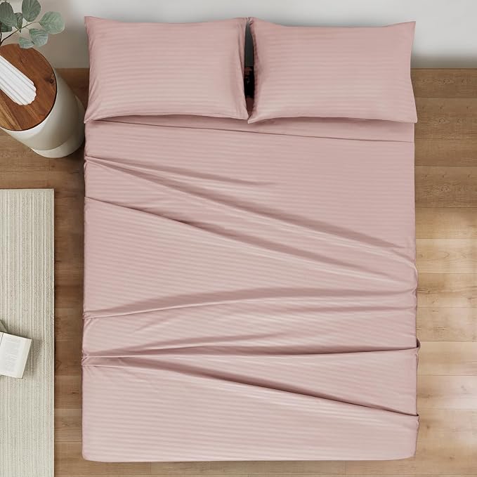 Mejoroom Striped Queen Size Sheet Set - Hotel Luxury 1800 Bedding Sheets & Pillowcases - Deep Pocket Fitted Sheet, Soft, Breathable, Wrinkle & Fade Resistant - 4 Piece (Dusty Pink)