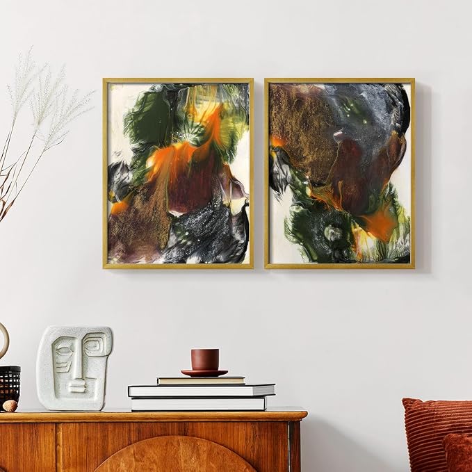 Renditions Gallery Set of 2 Peel & Stick Framed Prints, Watercolor Abstract Wall Art, Colorful Fluid Design Wall Decor, Re-Stickable - Ready to Hang - 8"x10" - GOLD Frame LT588