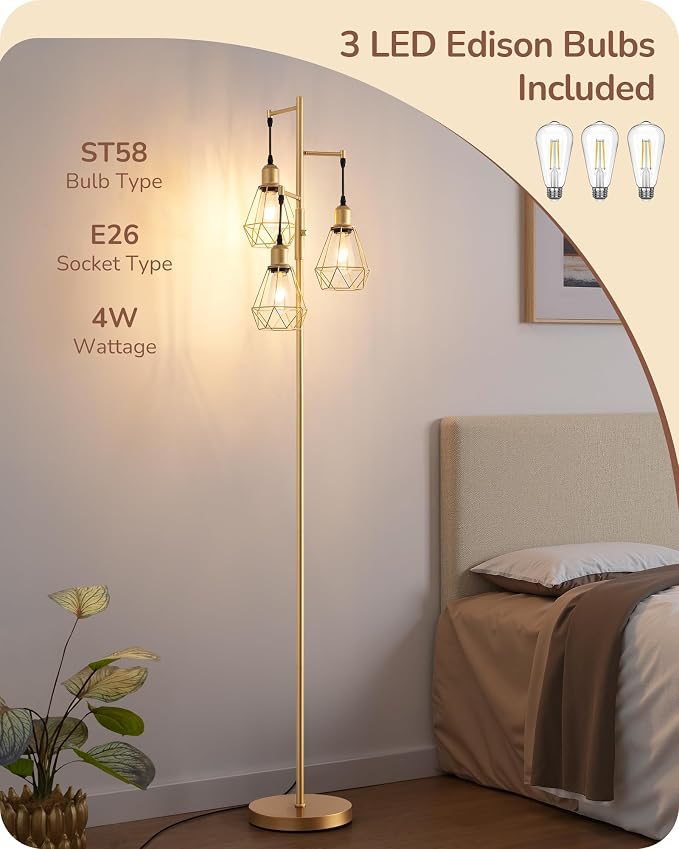 EDISHINE 70'' Dimmable Industrial Floor Lamp, Farmhouse Standing Lamps Diamond-Shaped Lampshade, 3 LED Edison Bulbs Included, Modern Rustic Floor Lamps for Living Room, Bedroom, Office, Gold