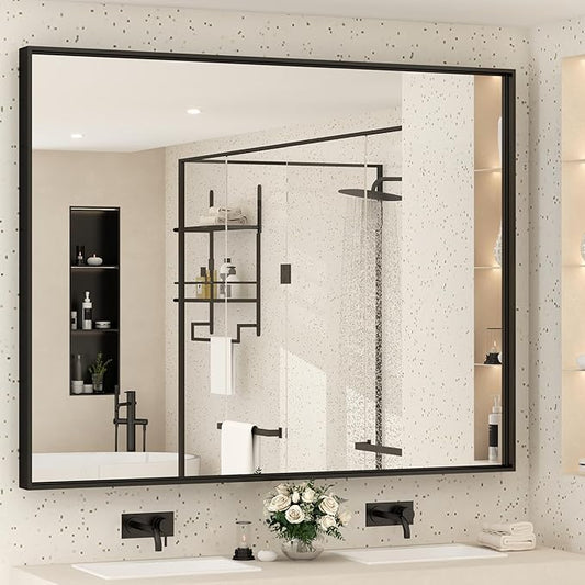 48x40 Inch Black Metal Framed Bathroom Mirror for Wall, Large Rectangle Mirror, Matte Black Bathroom Vanity Mirror, Anti-Rust, Square Corner, Shatterproof (Horizontal/Vertical)