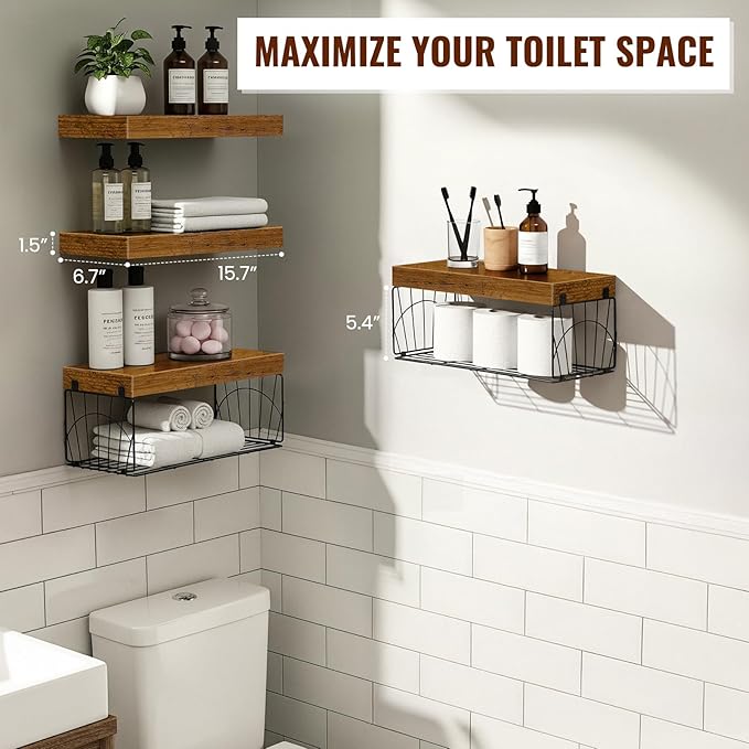 4 Pack Wall Mounted Rustic Wood Floating Shelves with 2 iron Hanging Baskets, Bathroom Shelves Over Toilet, Toilet Paper Storage, Farmhouse Decor Hanging Shelf for Living Room, Kitchen, 16 inch, Brown