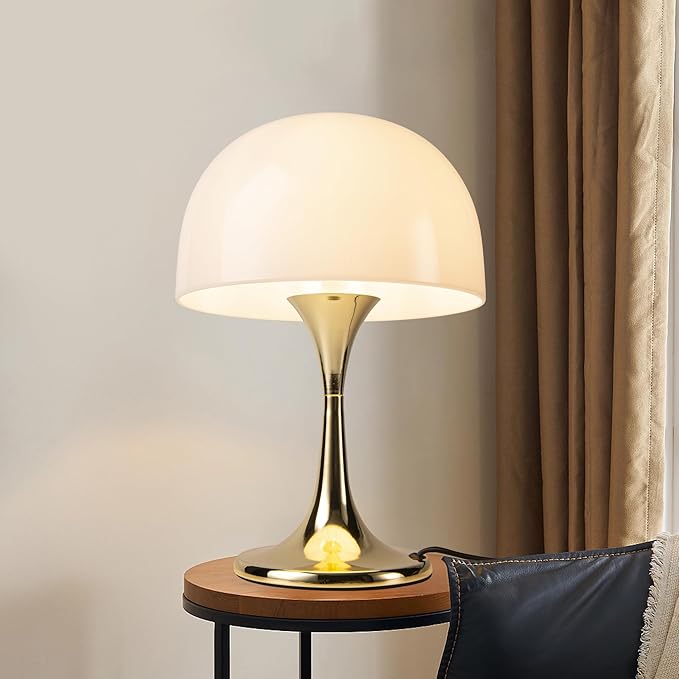 Modern Mushroom Table Lamp, Mid-Century Nightstand Lamp with Smooth Acrylic Shade & Metal Base, 3-G9 Socket Bedside Desk Lamp for Bedroom Living Room Office, Retro Decor Accent Light, Gold