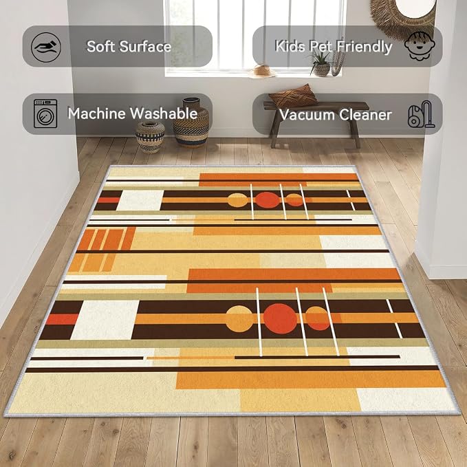 Contemporary Geometric Rug 6x9, Washable Retro Stripe Rugs for Living Room Bedroom, Mid Century Modern Area Rug for Home Decor, Non Slip Backing Floor Carpet with Gripper - 6 x 9 ft