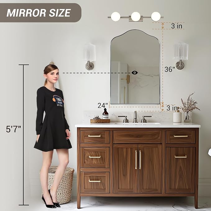 ANDY STAR Scalloped Arched Mirror, 24x36 Brushed Nickel Irregular Bathroom Mirror for Vanity, Asymmetrical Curved, Silver Rustproof Stainless Steel Frame, for Over Sink, Bedroom, Mantel, Fireplace