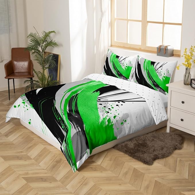 Erosebridal Black and Green Kids Bedding | Modern Geometric Striped Duvet Cover for Boys Girls Boho Contemporary Watercolor Graffiti Bed Set Minimalist Aesthetic Art Bed Cover Full 3Pcs