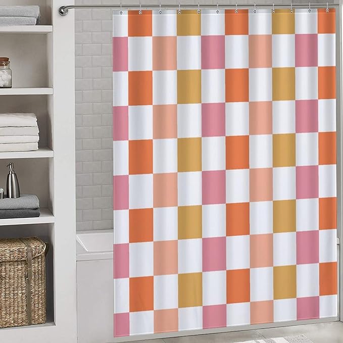 70s Orange Checkered Shower Curtain, Retro Vintage Hippie Checkboard Colorful Abstract Groovy Modern Cute Bright Funky Waterproof Fabric Bathroom Shower Curtain Set with Hooks, 72"x78"