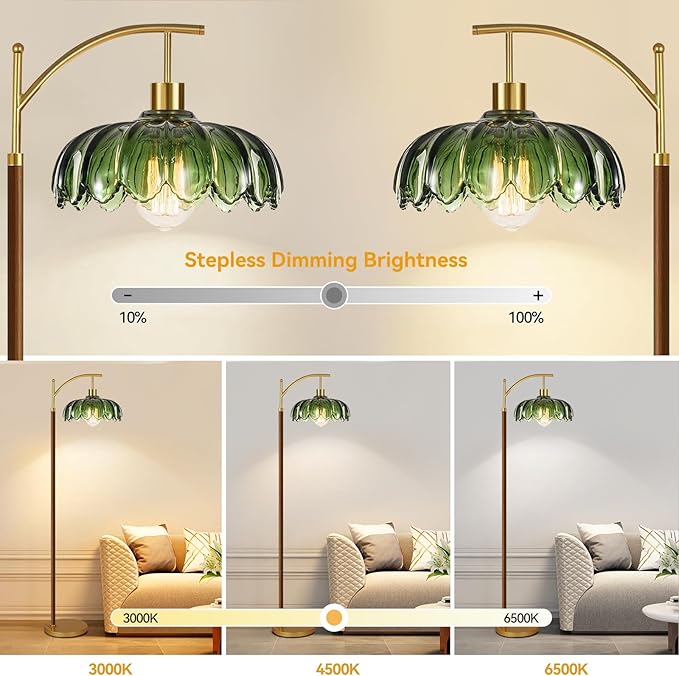 ILLMTW Wood Floor Lamp for Living Room,Bedroom,Glass Mid Century Modern Standing Lamp with Remote Dimmable,Vintage Gold Arc Tall Lamp Green Flower Lamp Shade Floor Lights Boho Bohemian Tiffany Style