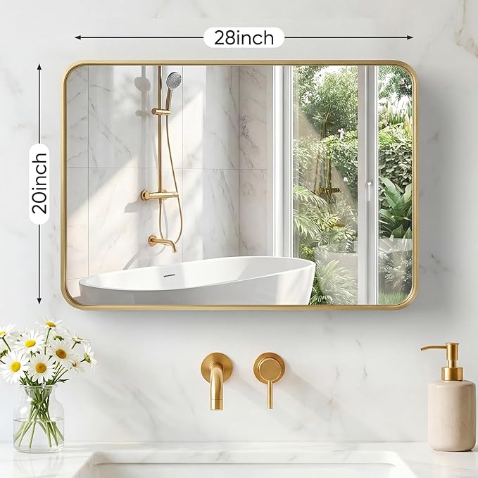 NEWBULIG 20X28 Inch Bathroom Mirror for Over Sink, Wall Vanity Mirrors Tempered Glass, Anti-Rust Metal Framed Rounded Rectangle, Hangs Horizontally or Vertically, Farmhouse Home Decor, Gold