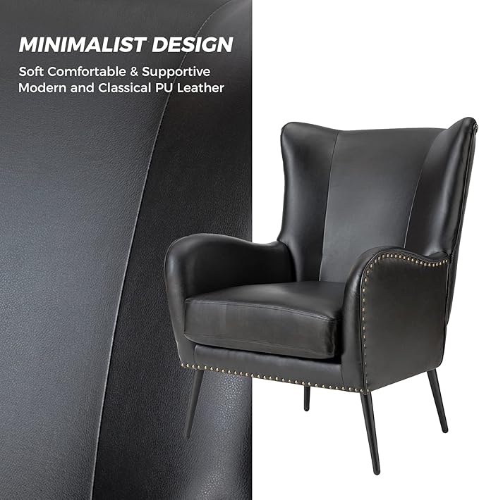 HULALA HOME Faux Leather Accent Chair Set of 2 with Removable Cushion, Comfy Upholstered Armchair with Metal Legs & Nailhead Trim Wingback Vanity Chair for Reading Living Room Bedroom, Black