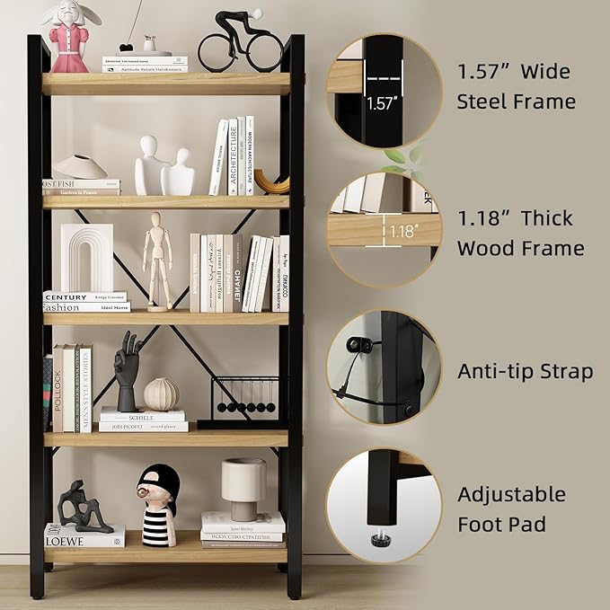 Real Solid Wood Bookshelf Shelves Rustic Vintage Industrial Etagere Bookshelf, Metal & Timber Free Vintage Bookcase, (Genuine Timber) (5-Tiers-Natural Finish)