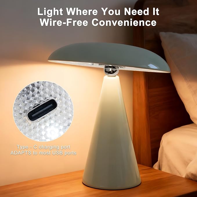 Mushroom Lamp Mid Century Modern Table Lamp, LED Cordless Rechargeable Bedside Light, Dimmable Touch 3-Color Temp, Retro Small Lamp for Bedroom, Living Room，Aesthetic Decor (Green)