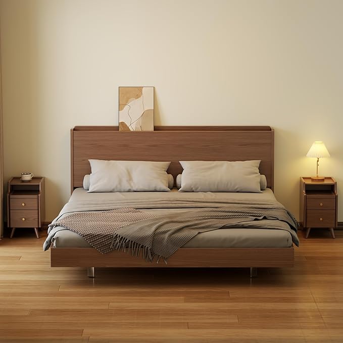 AQIMUELE Wood Nightstand, Walnut Nightstand with 2 Drawers, Bedside Table for Bedroom