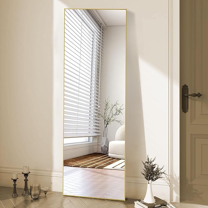 OLIXIS Full Length Mirror for Bedroom, 68"x26" Full Body Mirror with Stand, Hanging or Leaning for Wall, Aluminum Alloy Thin Frame Floor Standing for Living Room, Long, Gold