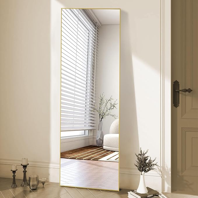 OLIXIS Full Length Mirror for Bedroom, 58"x19" Full Body Mirror with Stand, Hanging or Leaning for Wall, Aluminum Alloy Thin Frame Floor Standing for Living Room, Long, Gold