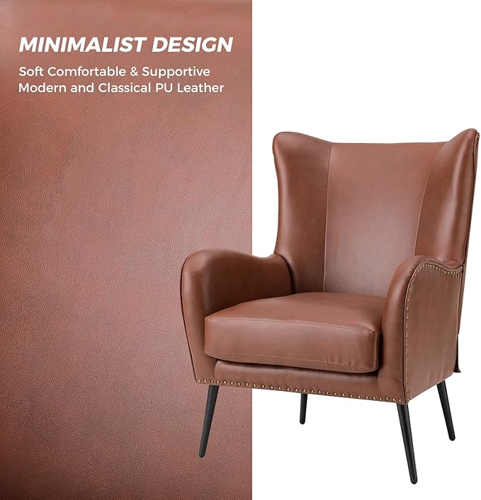 HULALA HOME Faux Leather Accent Chair with Removable Cushion, Comfy Upholstered Armchair with Black Metal Legs & Nailhead Trim Wingback Vanity Chair for Reading Living Room Bedroom, Brown